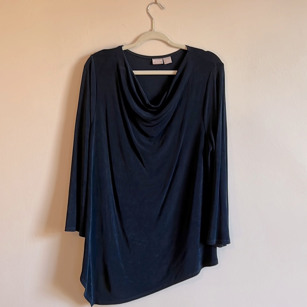 Chico’s asymmetrical dark blue microfiber tunic top